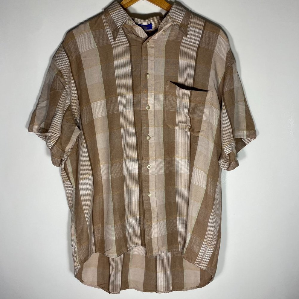 Pendleton Mens Shirt Plaid Short Sleeve Linen Button Up Brown Sz L